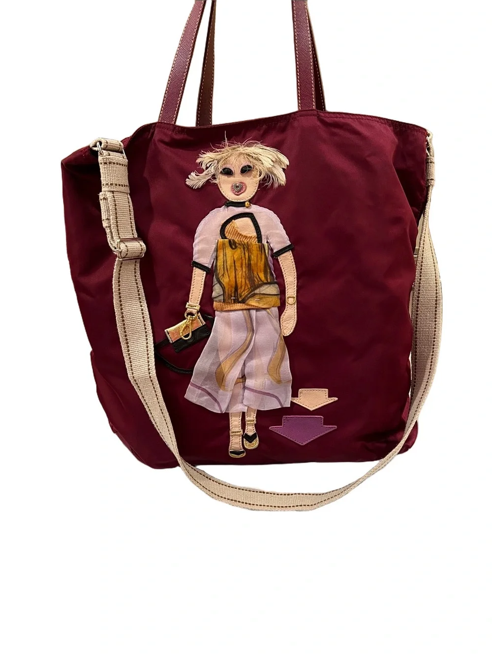 Prada Tessuto Robot Doll Tote in Barolo / Burgundy with long strap
